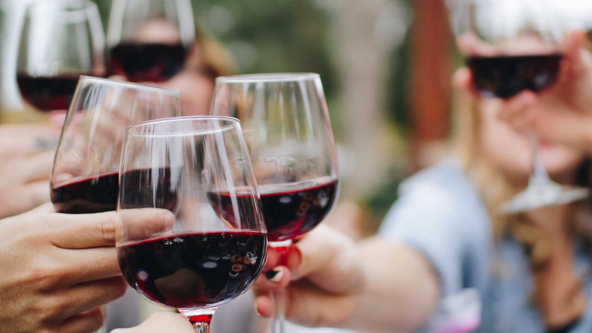 People drinking and toasting with red wine