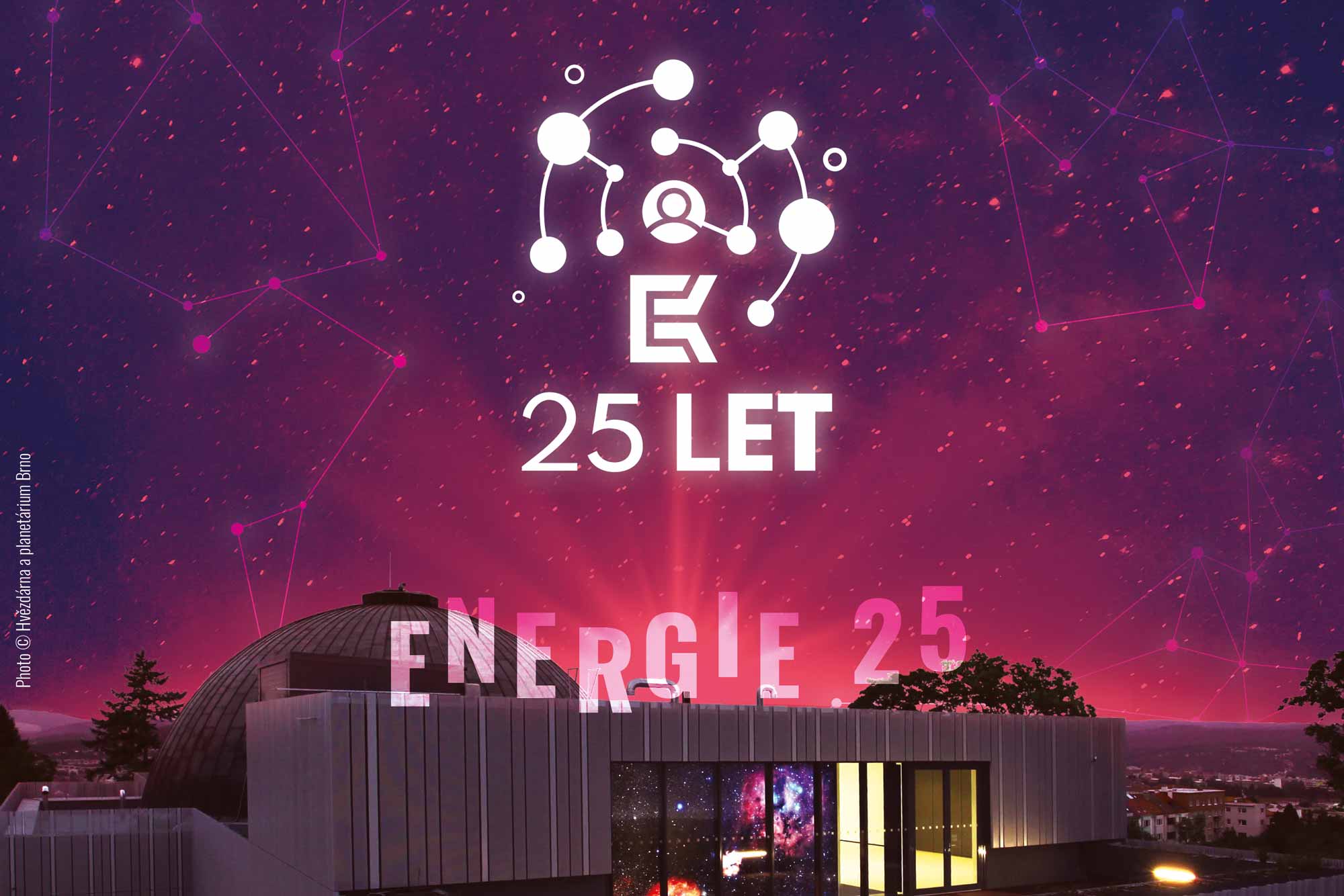 Logo of K-net on a picture of Planetarium in Brno in purple sunlight