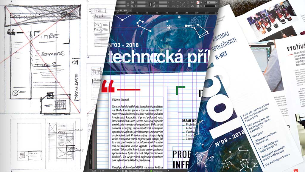 Picture showing the three steps: sketch, work in computer and magazine