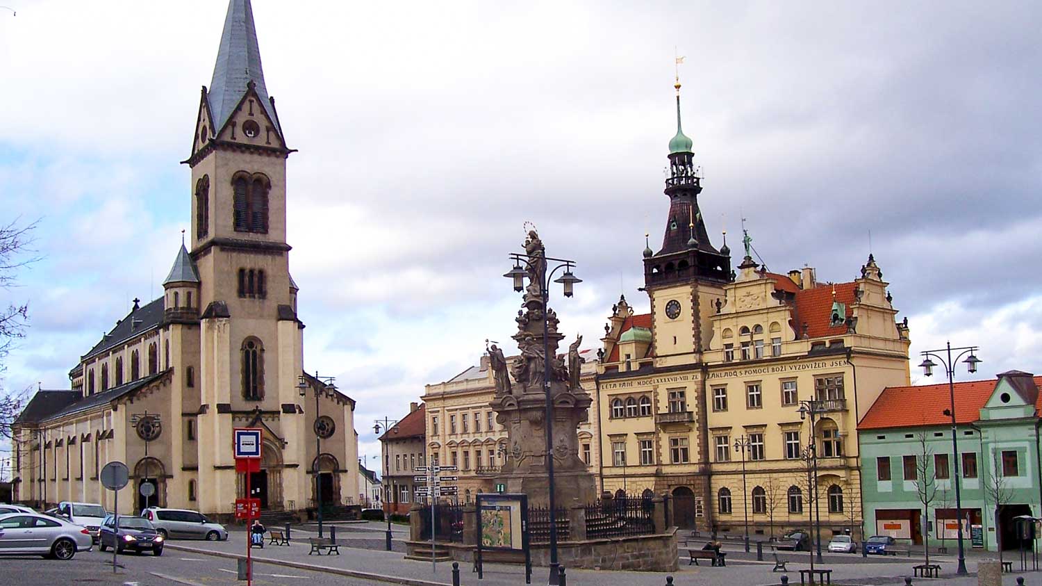 View of the square, the church, and the city hall in Kladno, Cezch Republic