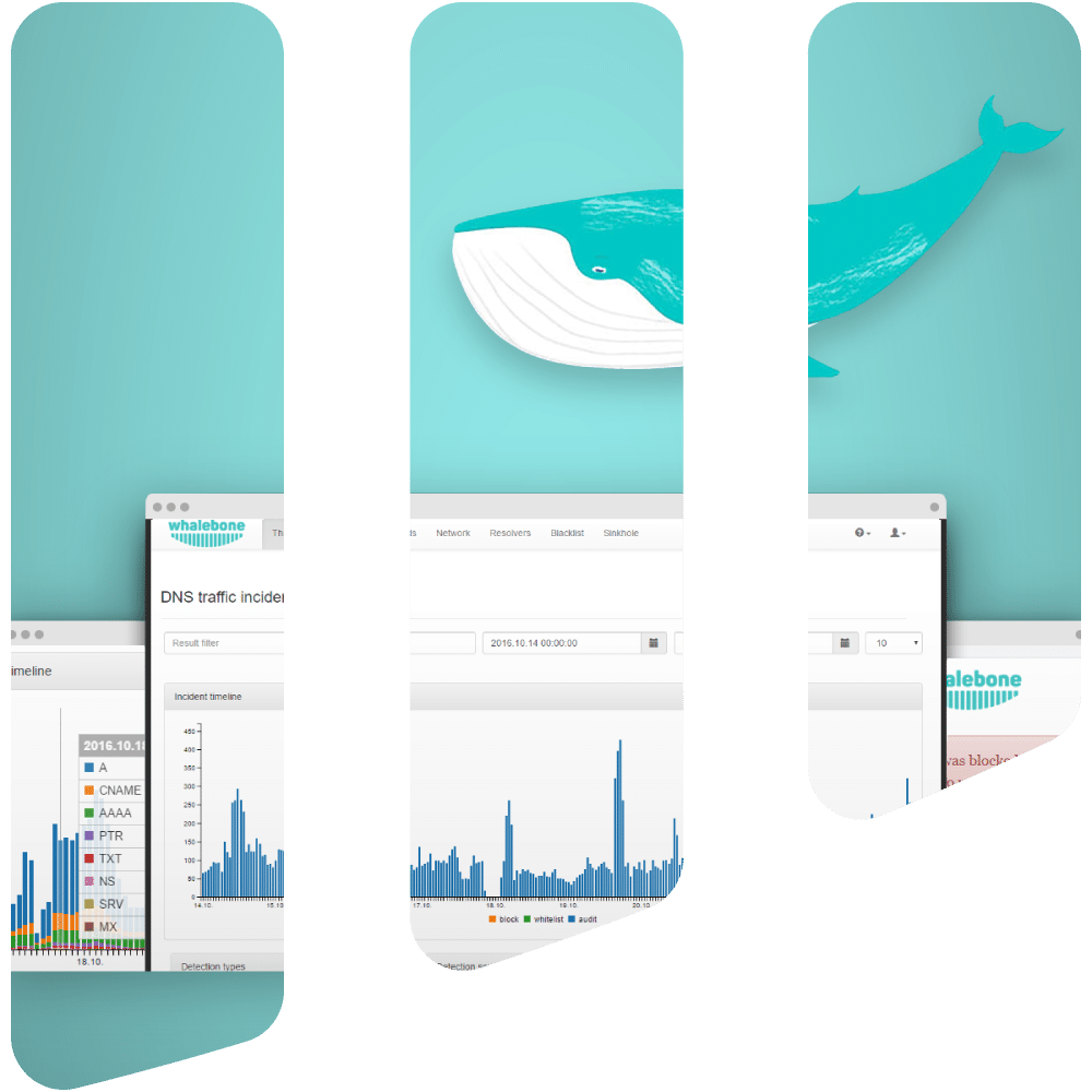 Icon XL of the K-net partner, Whalebone with logo, screenshot of the program and a whale on turquoise background