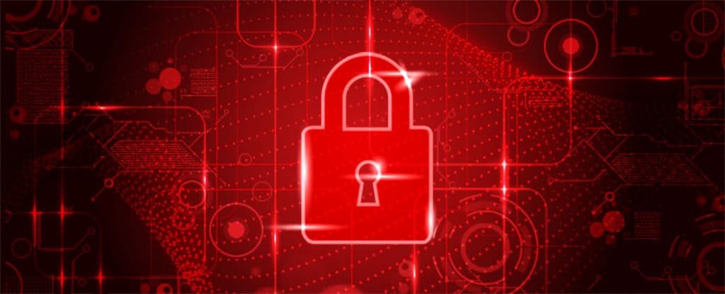 Red abstract picture of a lock with technical icons