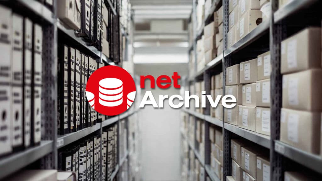 Logo K-net service netArchive and helves containing archives
