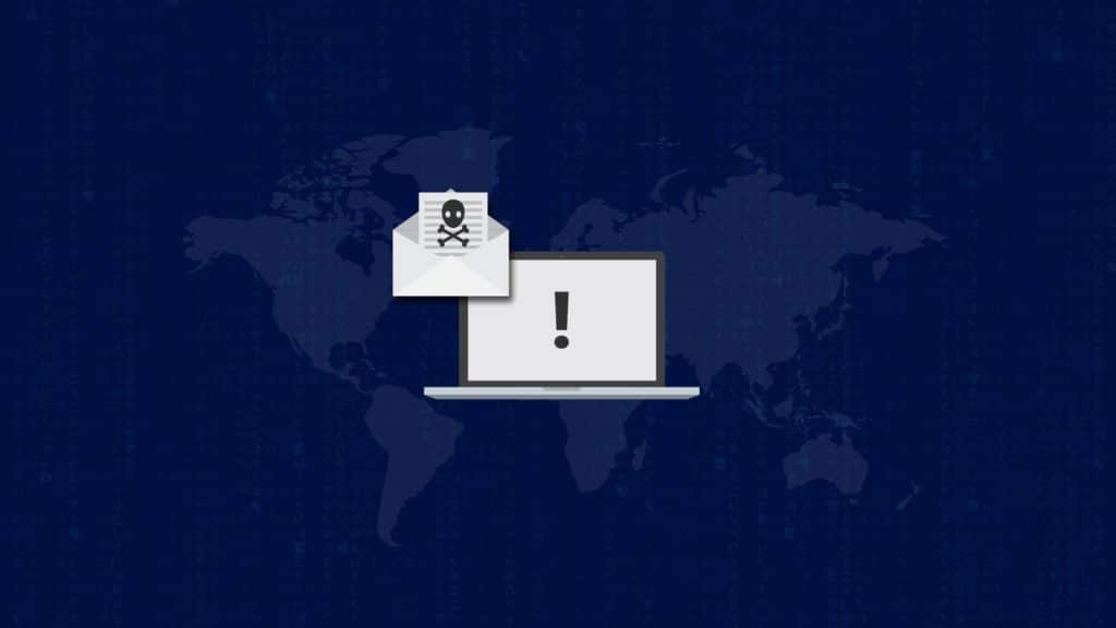 Sketch of a mail containing a skull on a blue background of world map