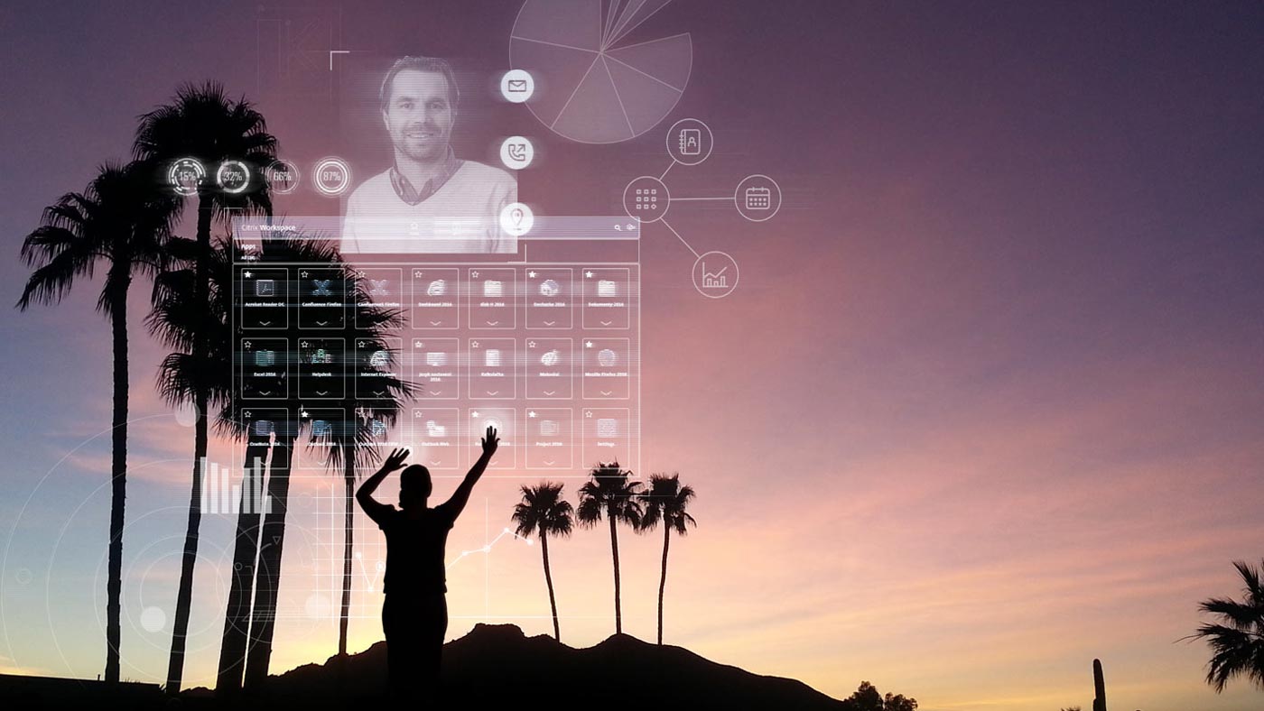 A woman using an hologram interface in the sky