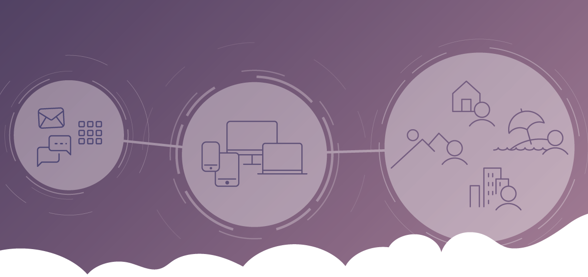 icons showing the pros of the digital workspace on purple backgound and cloud vector