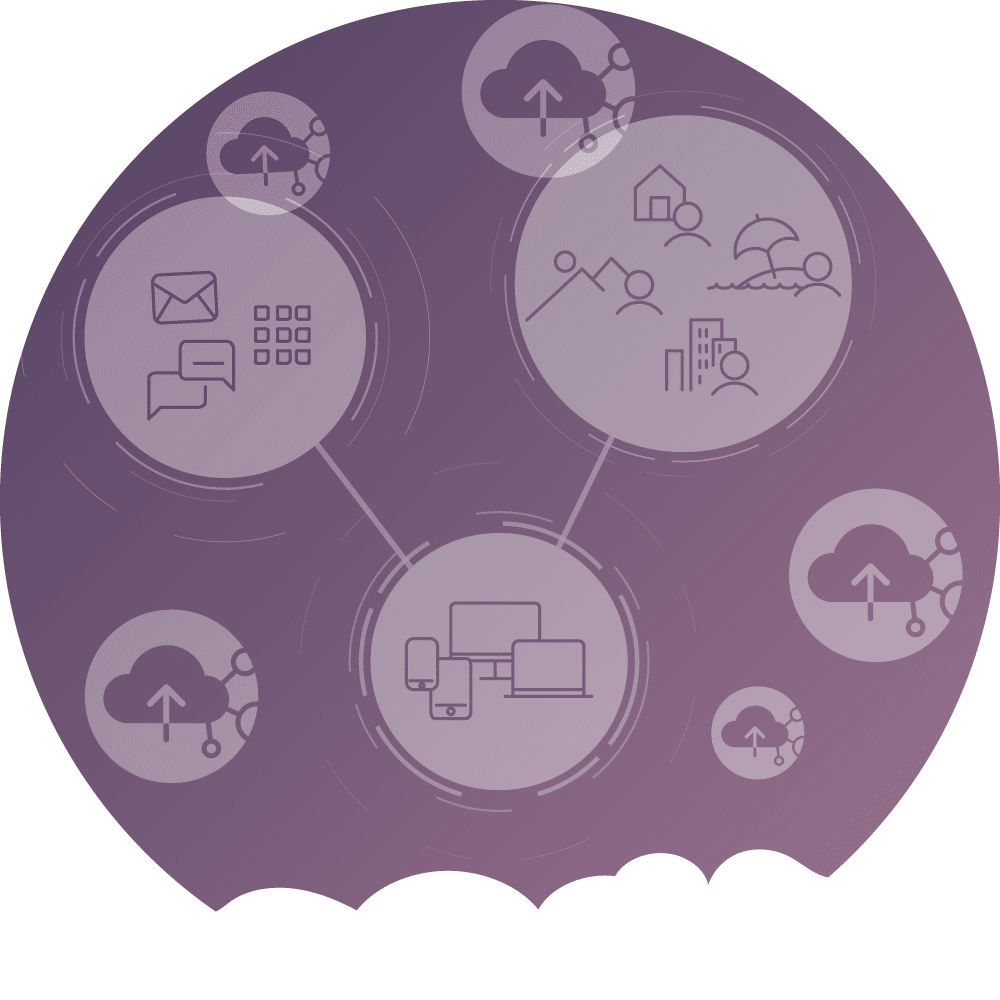 icons showing the pros of the digital workspace on purple backgound and cloud vector