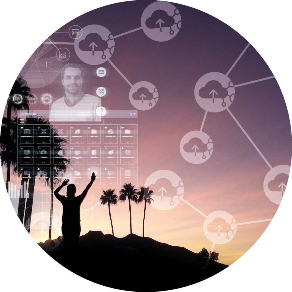 XL icon showing a woman using an hologram interface in the sky and cloud icons