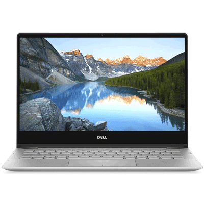 Pohled na počítač Dell, jehož obrazovka zobrazuje hory a jezero
