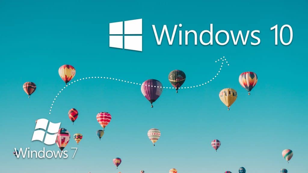 Loga Windows 7 a Windows 10 na pozadí představující let horkovzdušných balónů