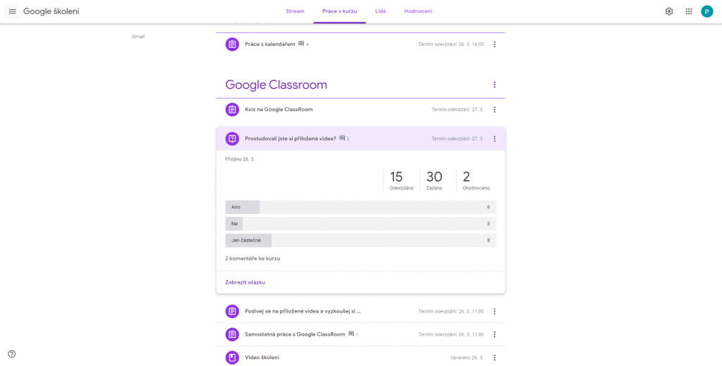 Vyhodnocení otázky položené v Google Classroom.