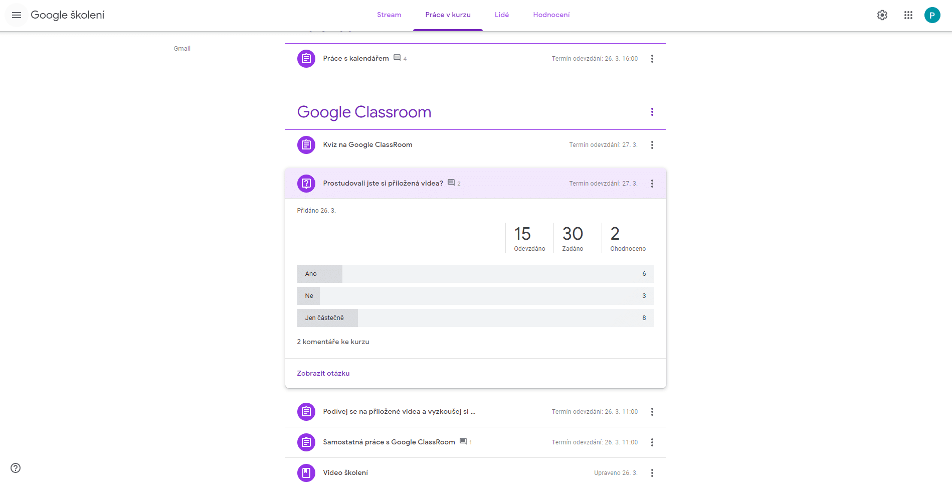 Vyhodnocení otázky položené v Google Classroom.
