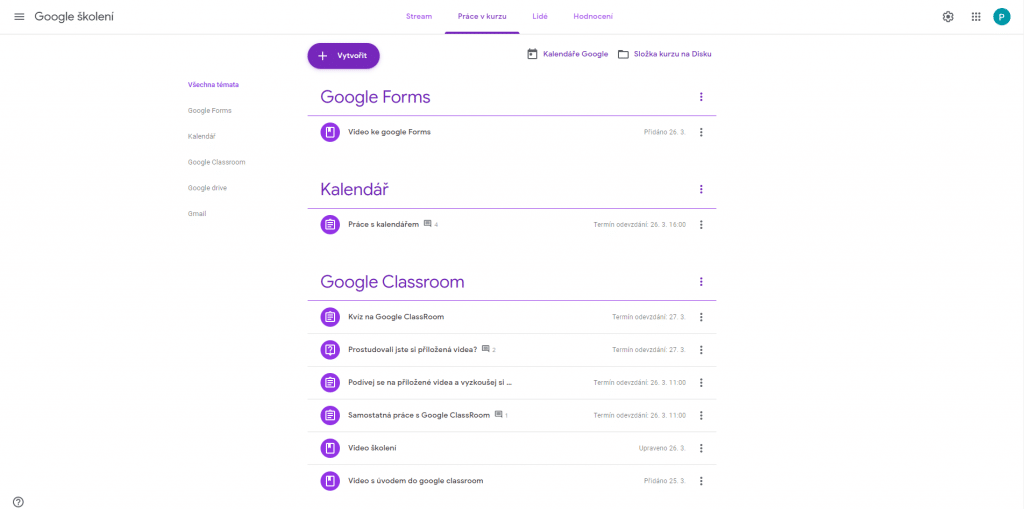 Příklad témat v kurzu Google Classroom.