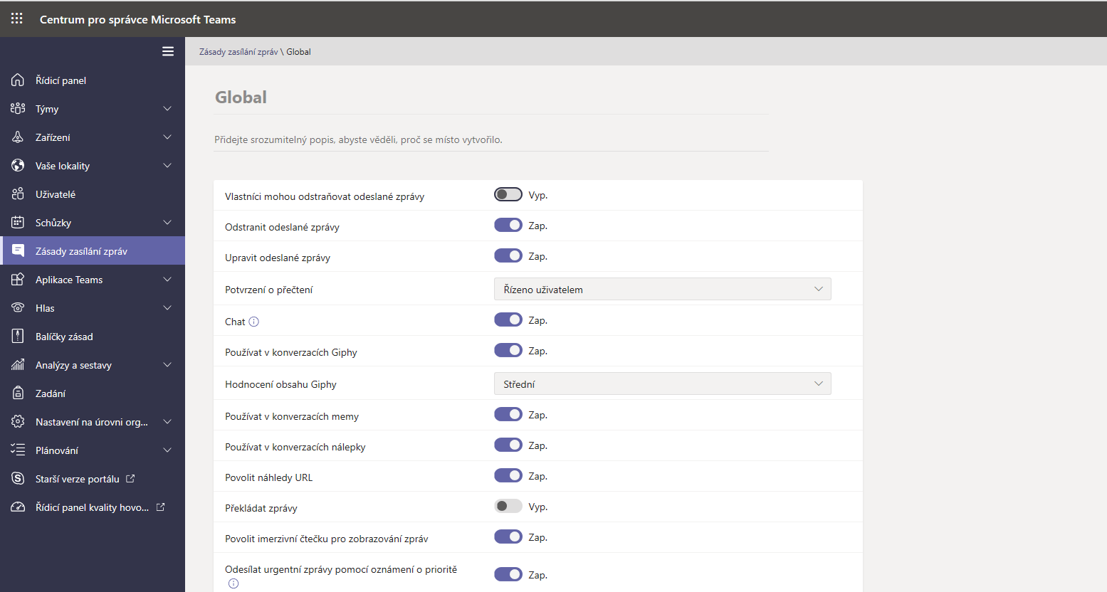 Centrum pro správce Microsoft Teams - nastavení zpráv