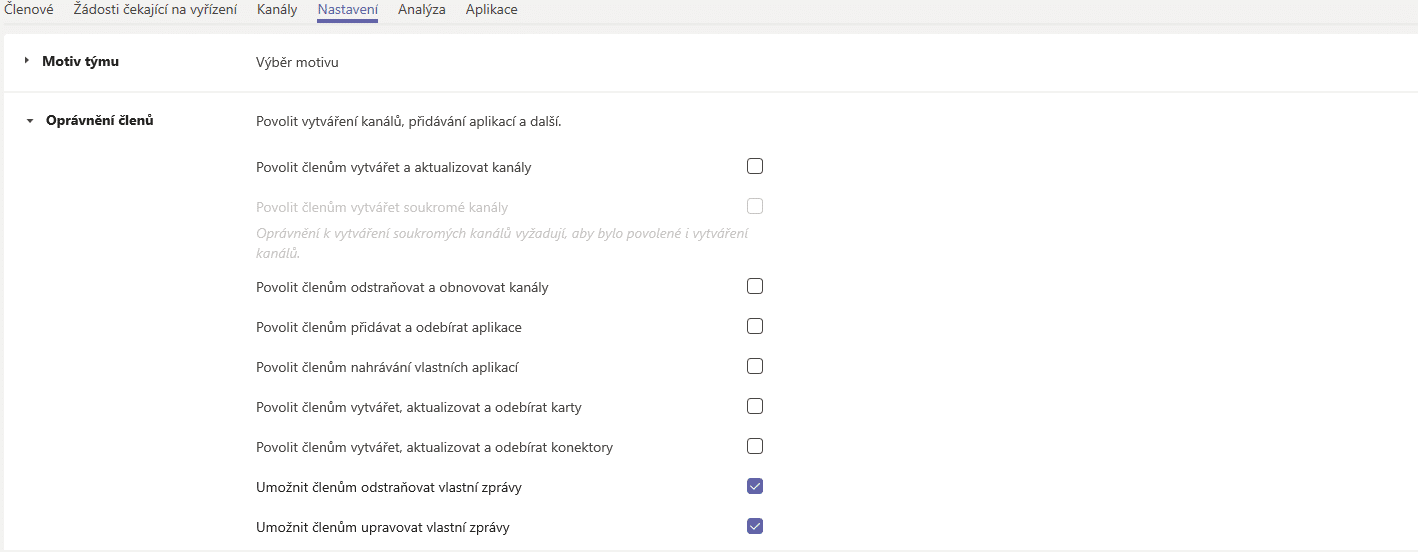 Microsoft Teams - nastavení oprávnění členů