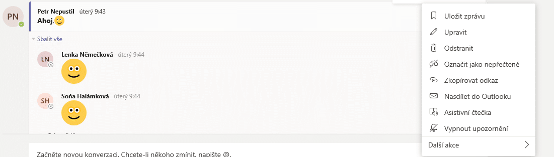 Microsoft Teams - ukázka jak smazat svůj příspěvek
