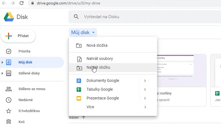 Výřez okna - nahrání složky na Google Disk