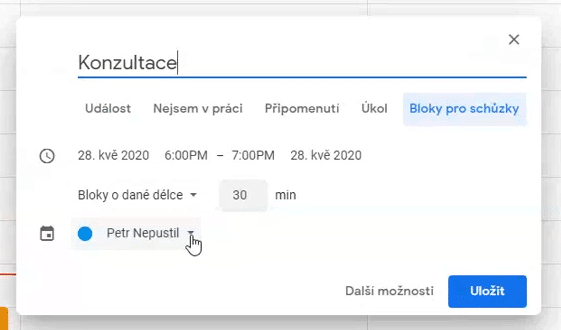 Okno plánování konzultace v Google Classroom