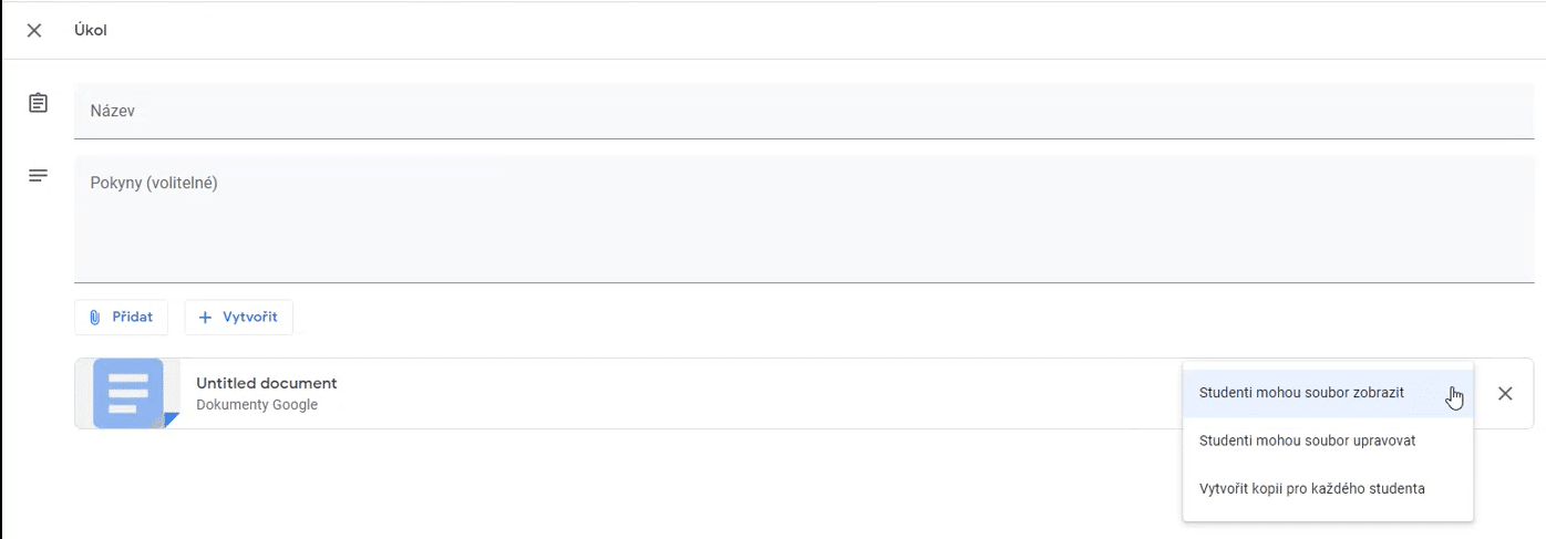 Rozkliknutí možností úpravy souborů studentem v Google Classroom