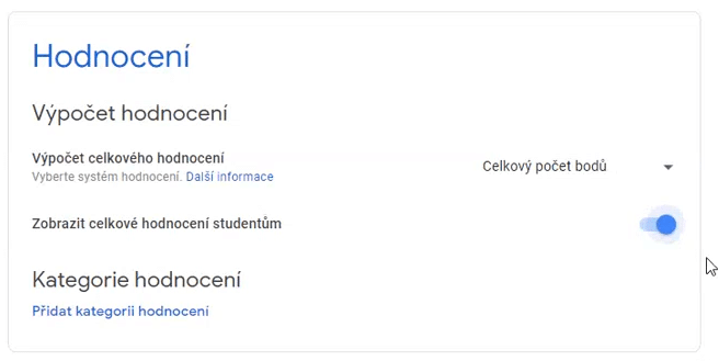 Nastavení výpočtu celkového hodnocení testů v Google Classroom