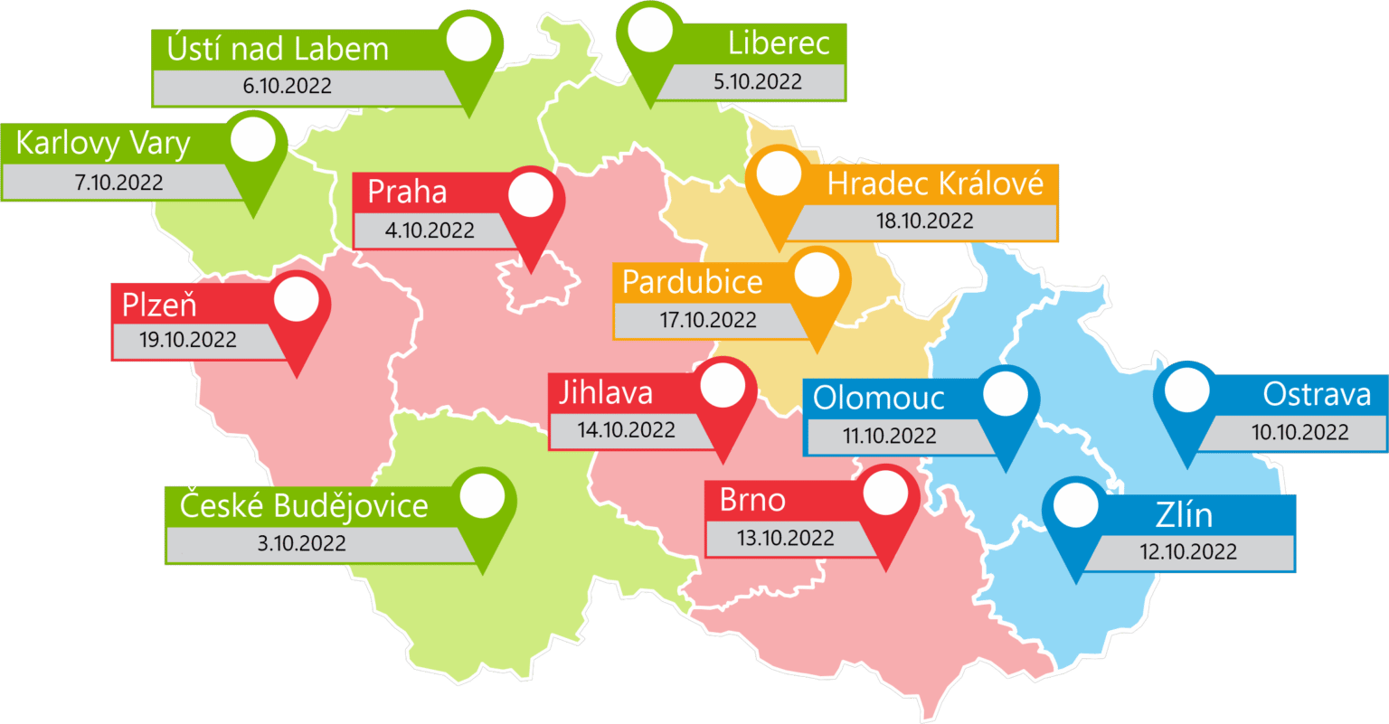 Mapa měst, ve kterých se pořádá Roadshow pro učitele