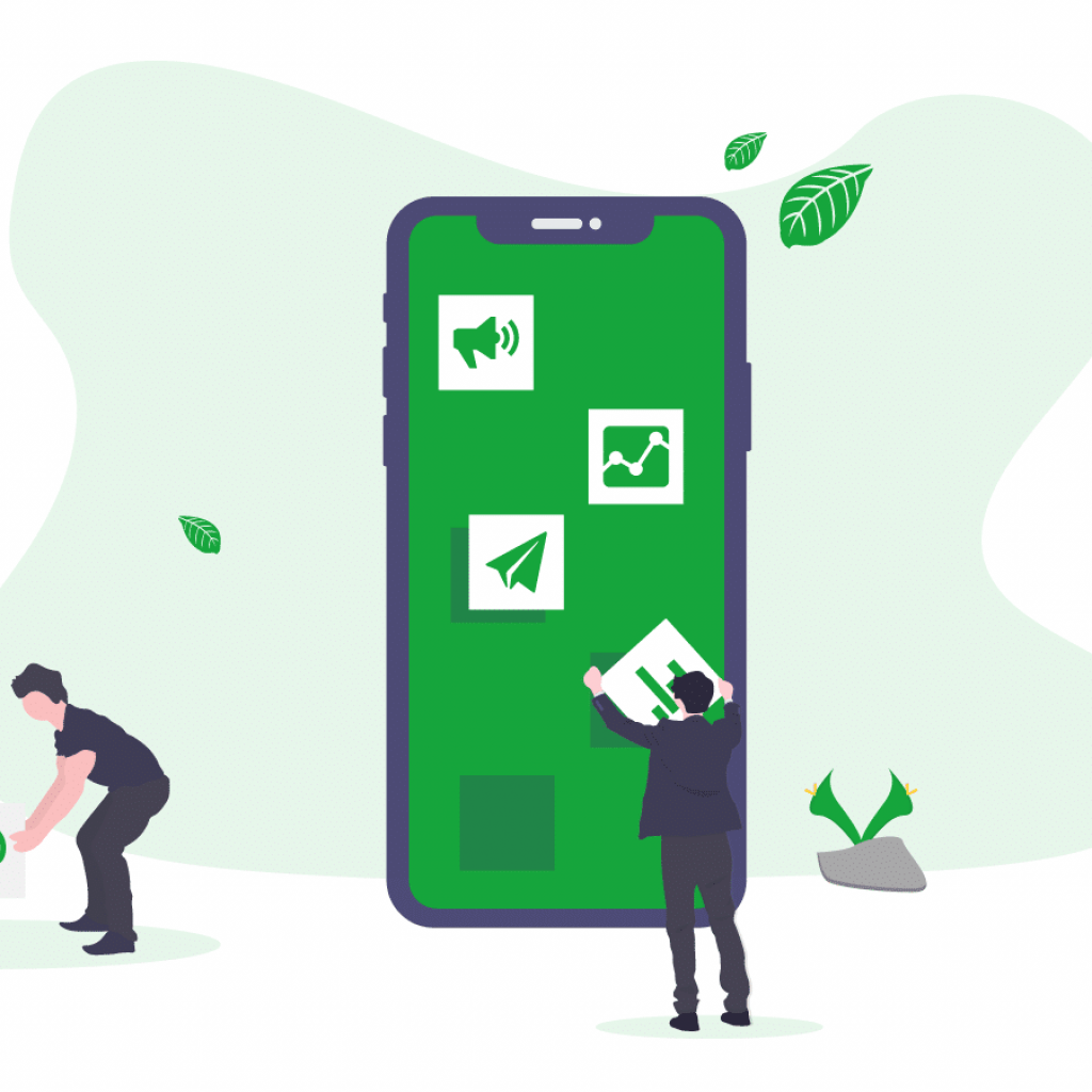 lidé pracují společně kolem obřího mobilního telefonu